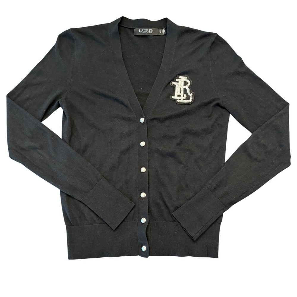 Lauren Ralph Lauren Cardigan XS Black V-Neck Crest Patch Sweater Silver Buttons